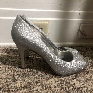 Silver & rhinestone peep toe heels!  Size 6M, worn twice